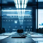 a modern office conference room, featuring a sleek table surrounded by architectural plans and cost breakdown charts for a house extension project, illuminated by bright overhead lights that highlight the detailed designs and financial projections.