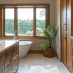 a beautifully crafted amish-inspired bathroom featuring rich wooden cabinetry, intricate craftsmanship, and a serene, modern aesthetic, illuminated by soft, warm lighting to highlight the harmonious blend of traditional design and contemporary elegance.
