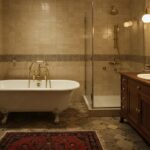 a stylish northfield bathroom showcases vintage accents with intricate tile work, a clawfoot bathtub, and elegant brass fixtures, all illuminated by warm ambient lighting that highlights the charming retro aesthetic.