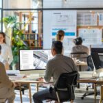 a bustling modern office space showcases a dynamic team engaged in a lively discussion around blueprints and digital plans, with a stylish, contemporary design that reflects the energy and complexity of the remodeling process.